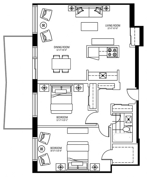 Floor plan for 2 beds, 1 bath, 935 sqft